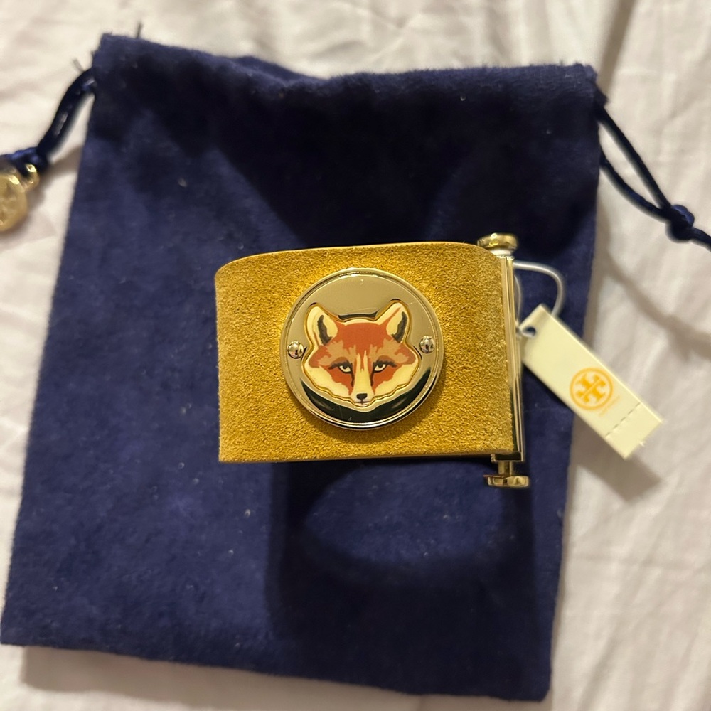 Tory Burch yellow leather fox face coin cuff bracelet nwt $145 RARE!